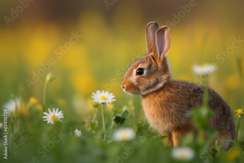 Rabbit in a field, flowers, meadow, spring. Generative AI © Jeff