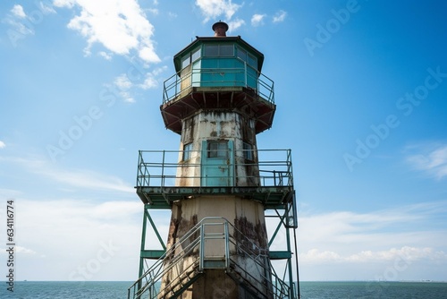 A tower guiding seafarers towards a safe harbor against a backdrop of clear blue sky. Generative AI © Aiden