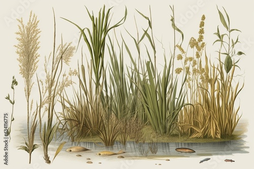 Illustration of wetland vegetation including sedge, reed, cane, and bulrush. Generative AI