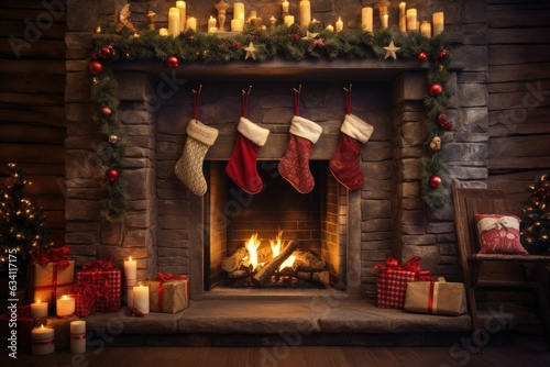 cozy fireplace with stockings and garland decorations