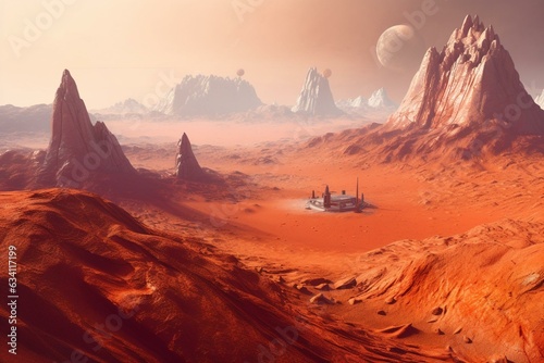 A futuristic depiction of Mars with red deserts and mountains. Generative AI