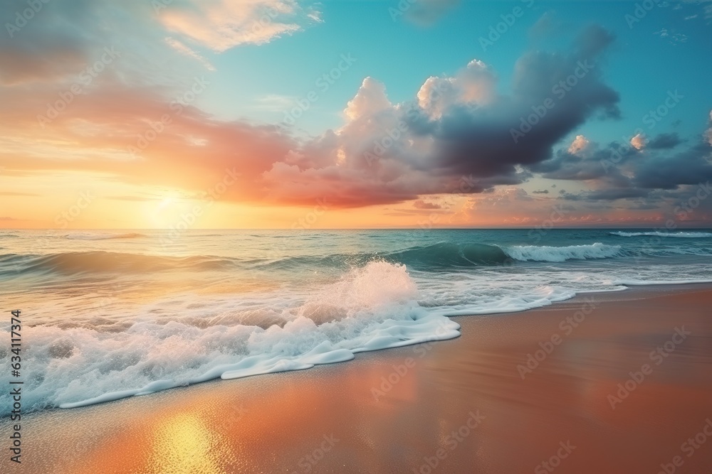 Sea sand sky concept, sunset colors clouds, horizon, horizontal background banner. Inspire nature landscape, beautiful colors, wonderful sun rays, tropical beach