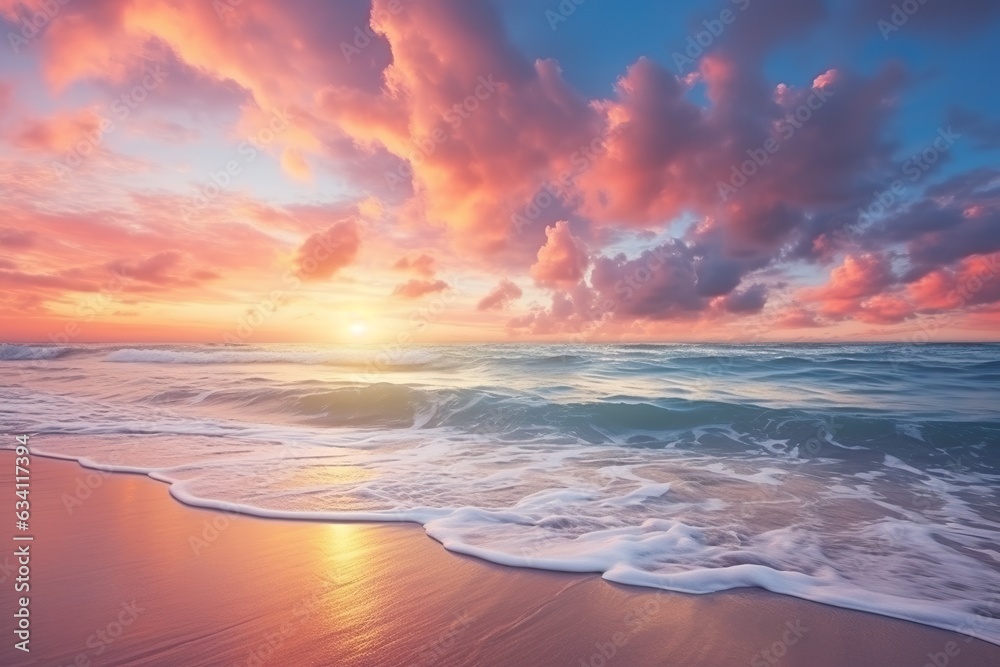 Sea sand sky concept, sunset colors clouds, horizon, horizontal background banner. Inspire nature landscape, beautiful colors, wonderful sun rays, tropical beach