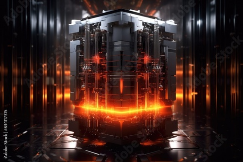 quantum computer core in a dark, futuristic setting