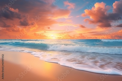 Sea sand sky concept  sunset colors clouds  horizon  horizontal background banner. Inspire nature landscape  beautiful colors  wonderful sun rays  tropical beach