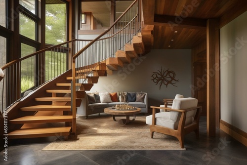 Large sitting area with staircase made of wood. Generative AI