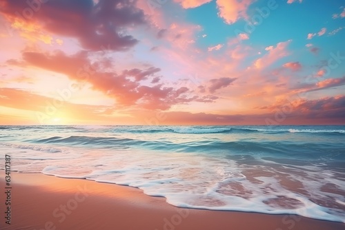 Sea sand sky concept, sunset colors clouds, horizon, horizontal background banner. Inspire nature landscape, beautiful colors, wonderful sun rays, tropical beach © JetHuynh