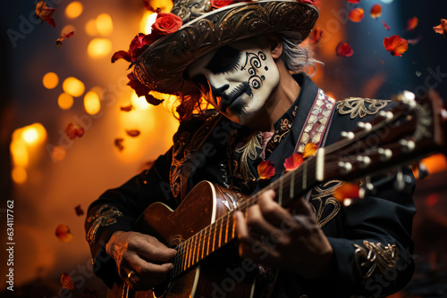 Beautiful man dancing mexican for the Day of the Dead , Perfect beautiful dia de muertos background , Created with generative AI