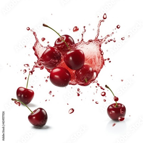 Cherries in splashes. Falling of red cherries with water splash isolated on white background