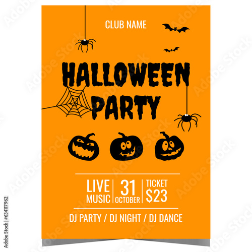Halloween party invitation banner or poster with scary pumpkins, spiders and bats on orange background. Vector design template for Halloween party to celebrate the All Saints' Day on October 31.