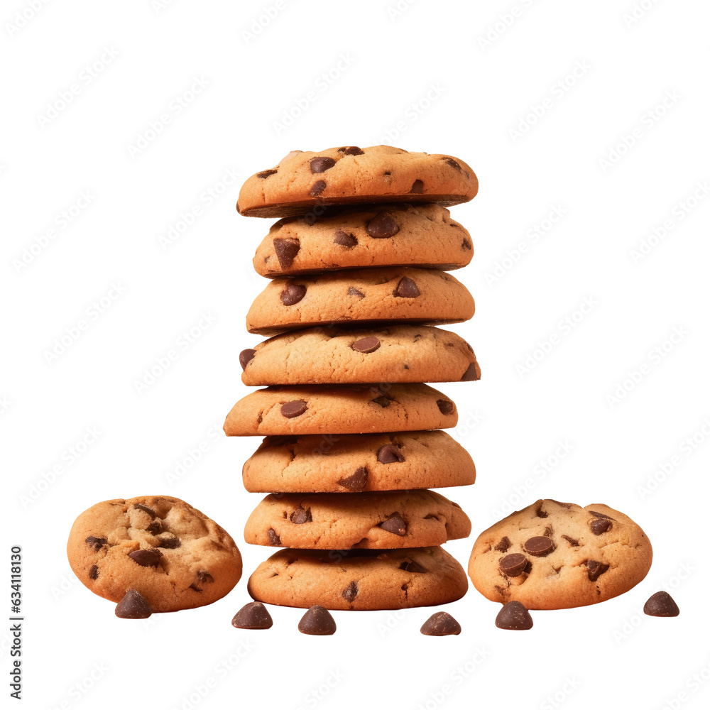 Chocolate chip biscuit tower against transparent background