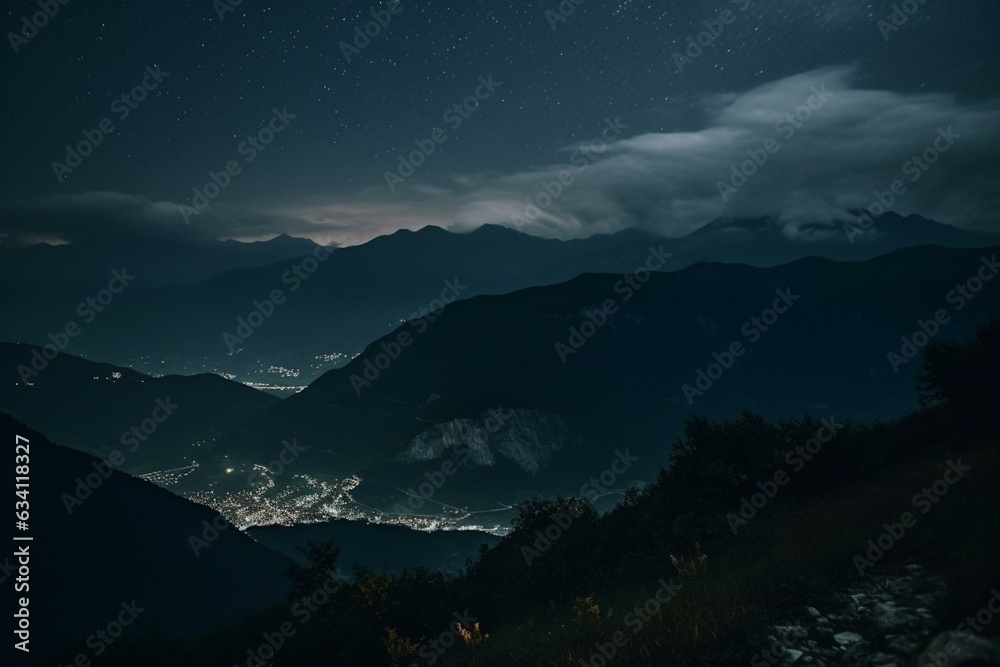 Mountainous view at night with a dark sky above. Generative AI