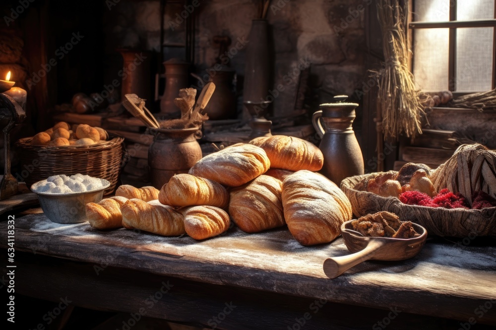 Fototapeta premium freshly baked bread and pastries on a rustic table
