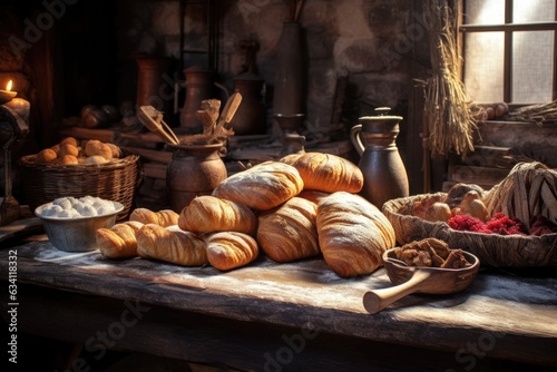 freshly baked bread and pastries on a rustic table