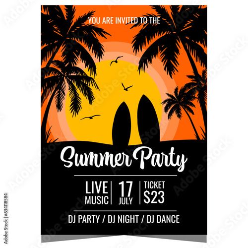 Summer party design template for vacation season with surfboards on the beach under the palm trees during sunset. Vector tropical and exotic summer party invitation flyer, banner or poster.