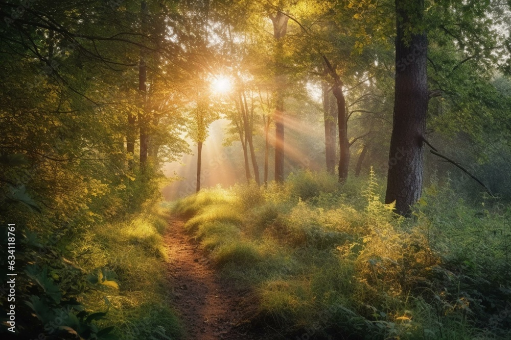 Morning forest landscape with sunny rays. Generative AI