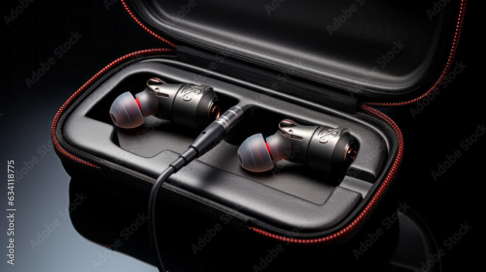 earbuds in case isolated on black background earbuds in case isolated on black background