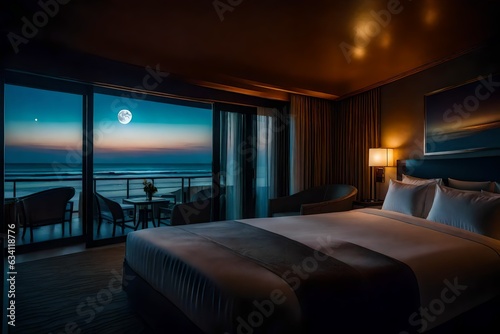 A cozy hotel room with a view of the beach, illuminated by the soft glow of the moon - AI Generative © Being Imaginative