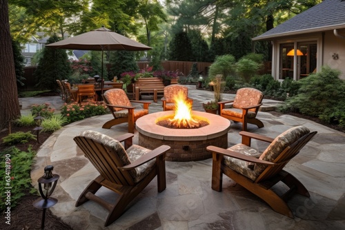 fire pit with surrounding seating area in a backyard