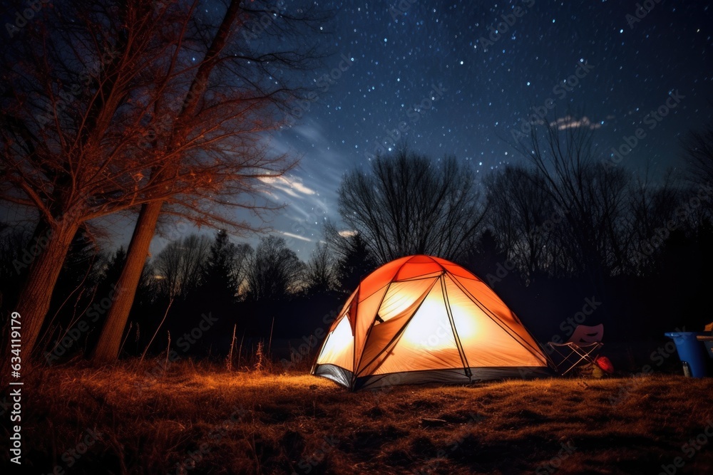 tent lit up at night under a starry sky