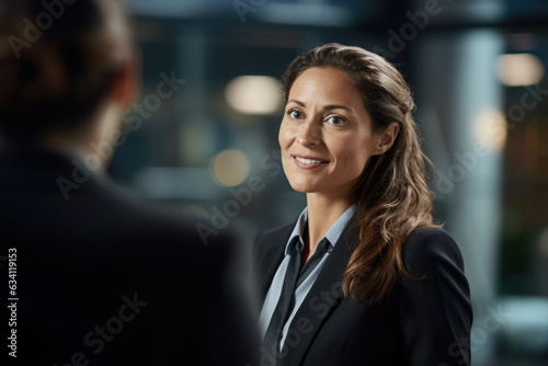 brunette business woman talking to a co worker in the office