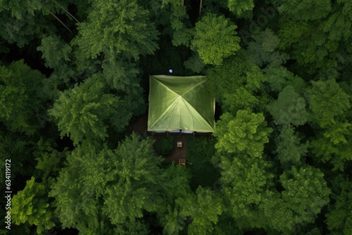 aerial view of a tent in a lush forest clearing