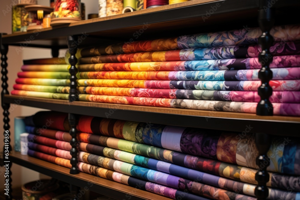 quilting cotton fabric rolls stacked in a shelf