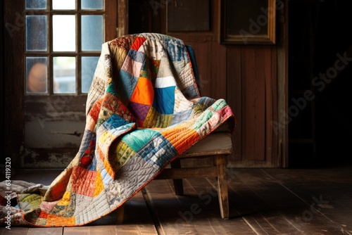 patchwork quilt draped over a wooden chair photo
