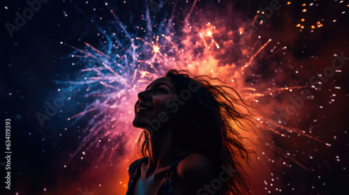 woman stands in front of a firework