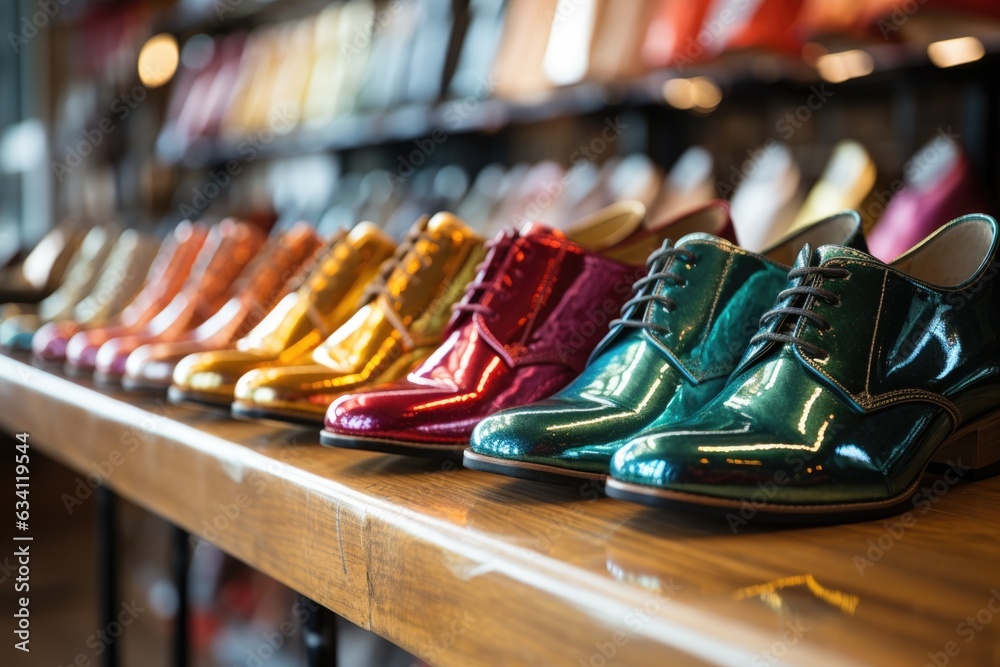a row of shiny shoes on a store shelf a row of shiny shoes on a store shelf