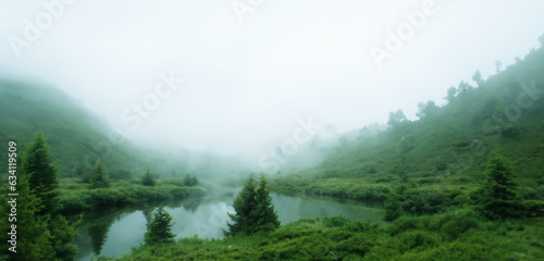 creek between valleys middle river Nature in a foggy forest 3d illustration