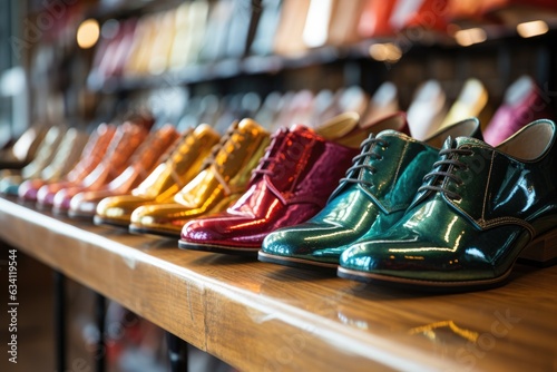 a row of shiny shoes on a store shelf