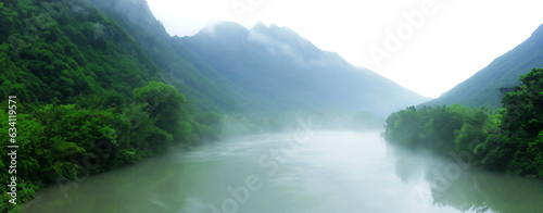 middle river creek between valleys Nature in a foggy forest 3d illustration