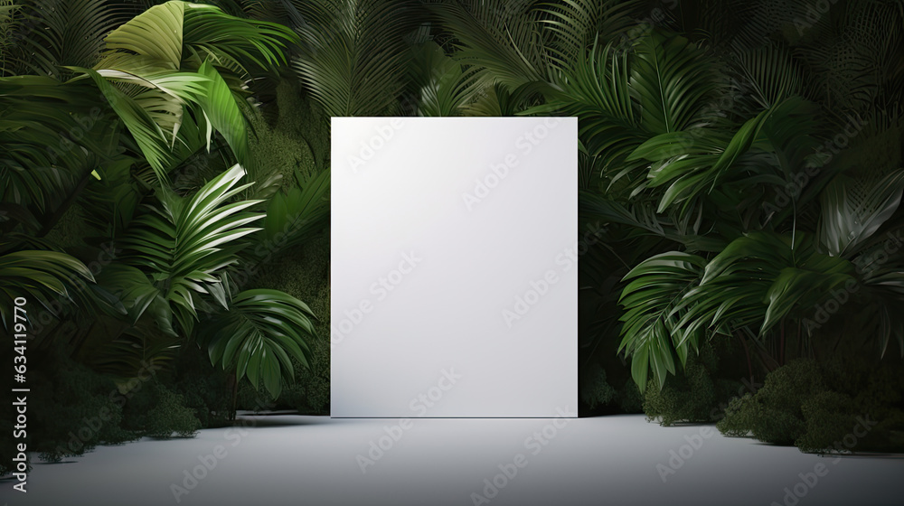 empty white blank against a vibrant tropical backdrop, creative poster mockup, empty white blank against a vibrant tropical backdrop, creative poster mockup,