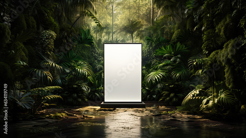 Fototapeta Naklejka Na Ścianę i Meble -  empty billboard standing alone in the lush greenery of the jungle, original and creative high-quality mockup for your creative advertising, green plant, ecology and environment, AI