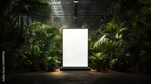 empty billboard surrounded by lush green plants in a dark room, florist, exotic plant store,  ecology and environment banner, AI
