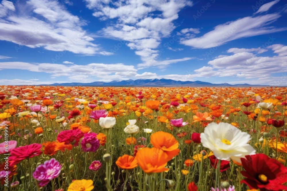 wide angle of a colorful flower field in spring