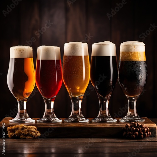 Different types of beer in glasses on dark background. Generative ai