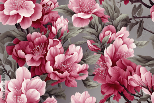 Seamless pattern - repeatable texture of pink blossoms on grey background