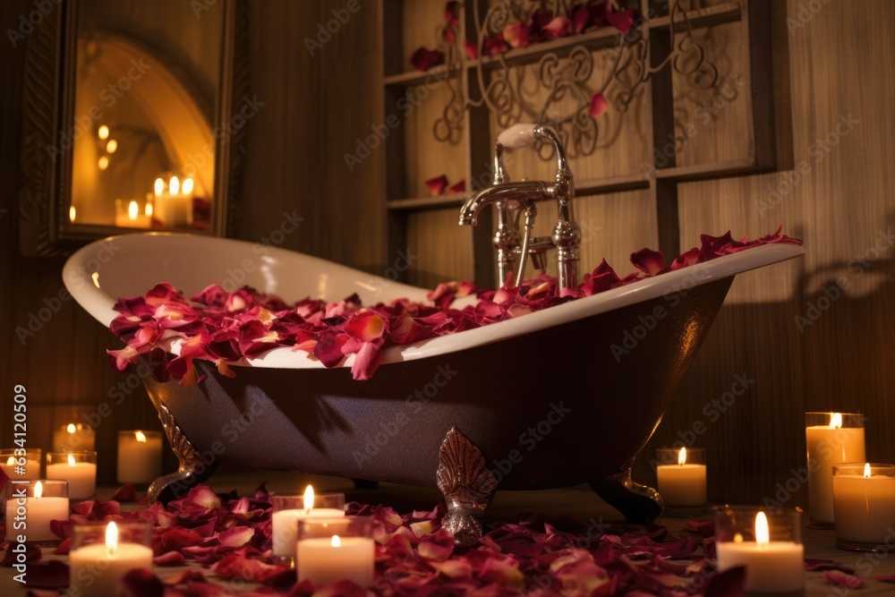 a steaming bathtub with lit candles and rose petals around