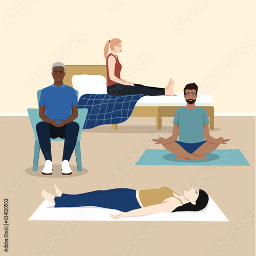 Group Yoga Practice. Relaxed Multiracial People Meditating With Closed Eyes In Studio Together. Flat vector illustration isolated on white background