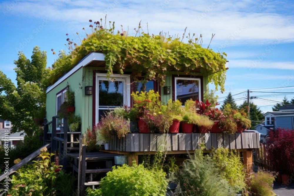 green roof with plants on top of a tiny home