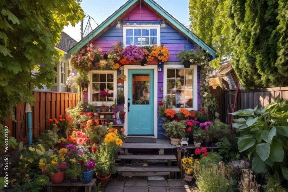 exterior of a colorful tiny house with garden