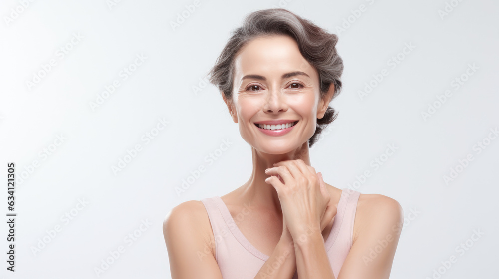 beauty skin of mature woman little bit smile look at camera on white isolated background beauty skin of mature woman little bit smile look at camera on white isolated background