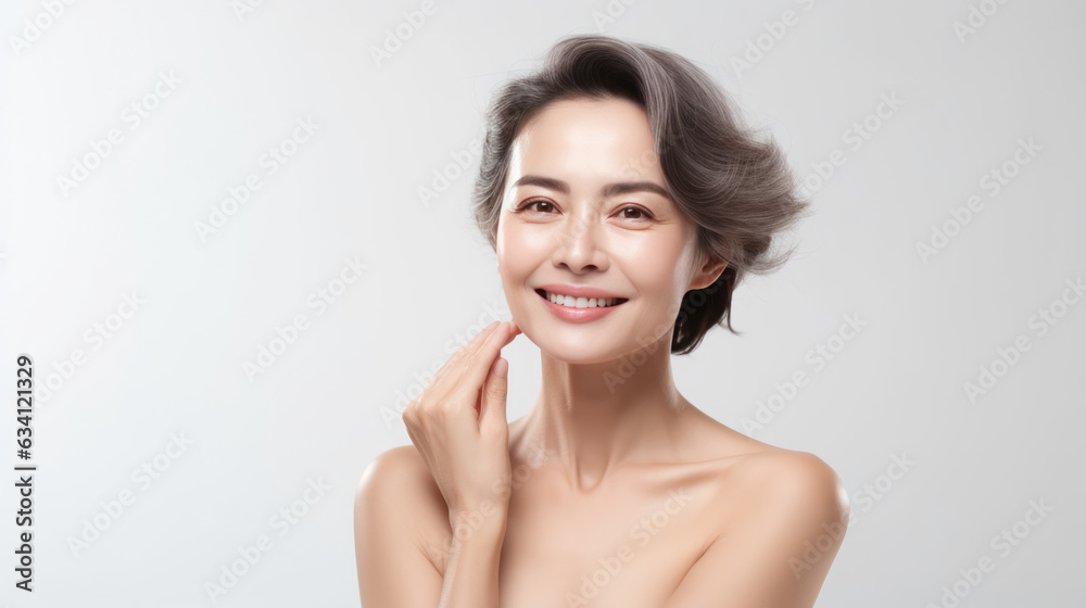 beauty skin of mature woman little bit smile look at camera on white isolated background beauty skin of mature woman little bit smile look at camera on white isolated background