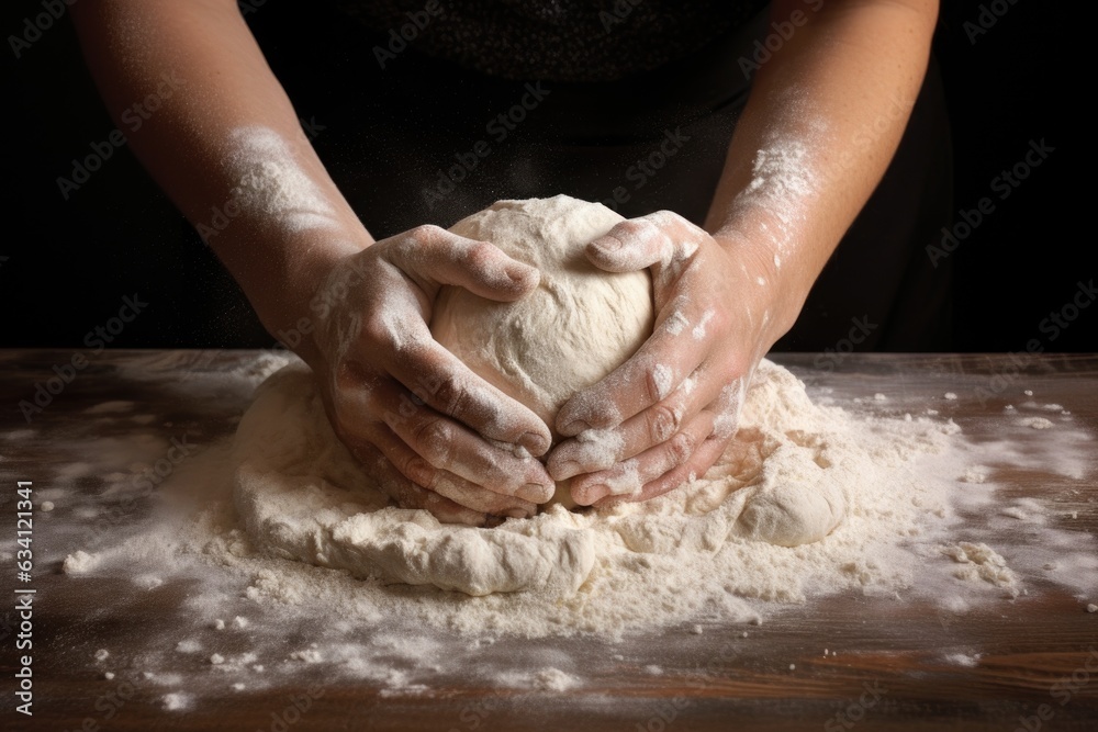 hands kneading dough on floured surface