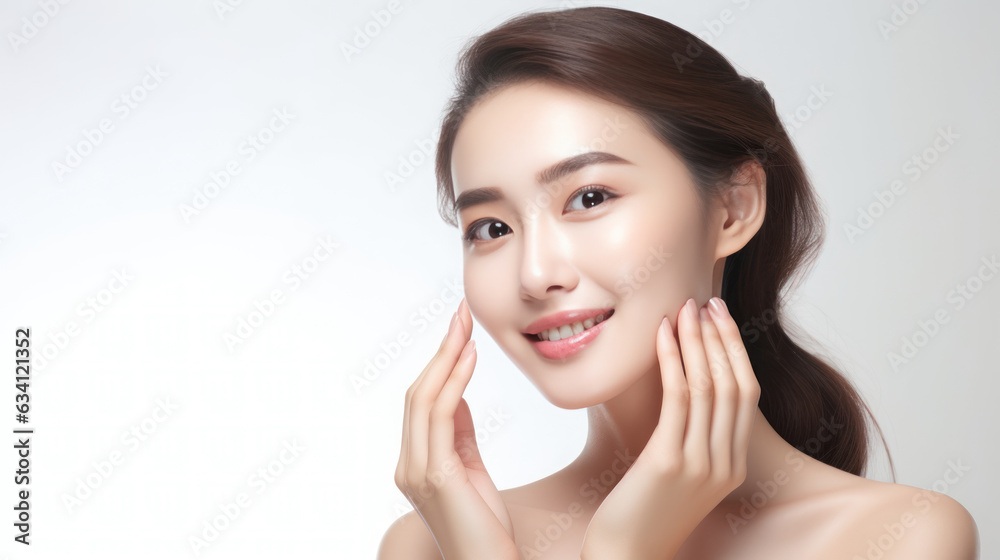 Fototapeta premium beauty skin of young woman little bit smile look at camera on white isolated background