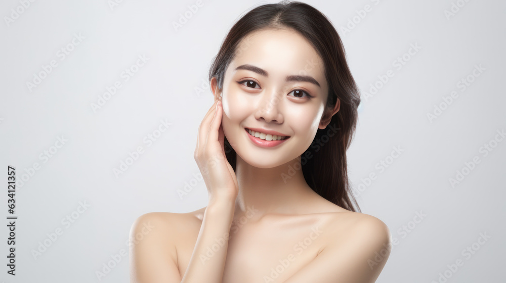 beauty skin of young woman little bit smile look at camera on white isolated background beauty skin of young woman little bit smile look at camera on white isolated background
