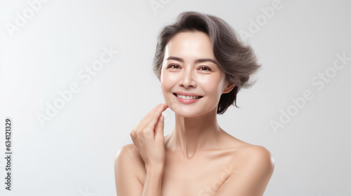 beauty skin of mature woman little bit smile look at camera on white isolated background