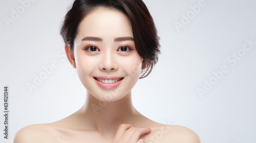 beauty skin of young woman little bit smile look at camera on white isolated background
